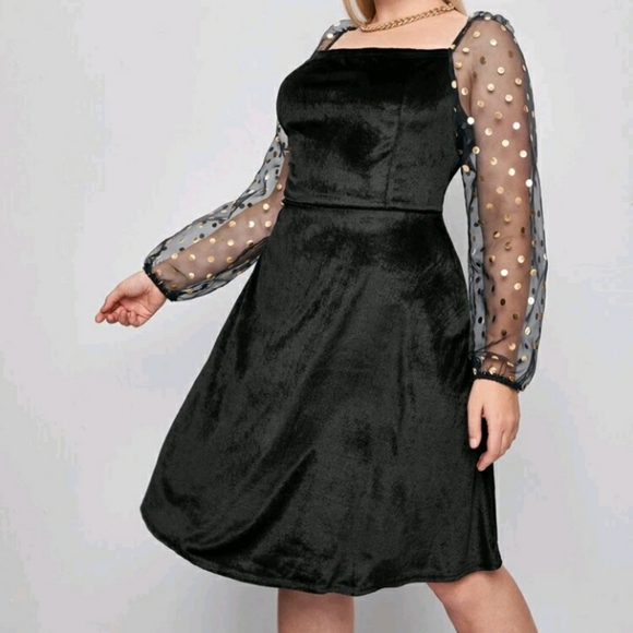 NEW Plus Black and Gold Mesh Velvet Dress - Picture 2 of 7